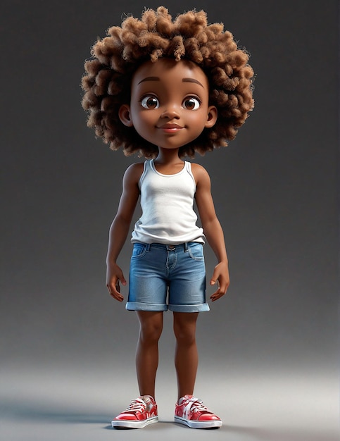 a little girl with curly hair and a white tank top