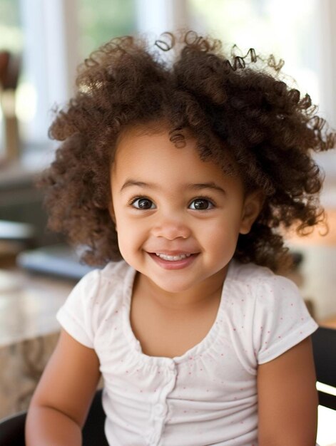 Photo a little girl with curly hair and a white top