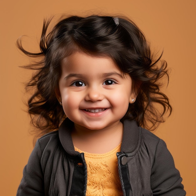 a little girl with curly hair and a yellow sweater