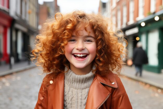 A little girl with curly red hair is smiling