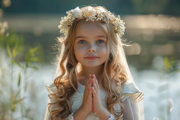 little girl with dark hair dressed for her first communion prays with blurred nature background