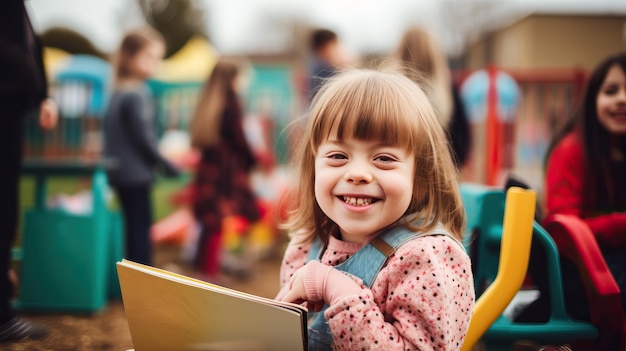 Little girl with Down syndrome on children's playground closeup photo smiling child