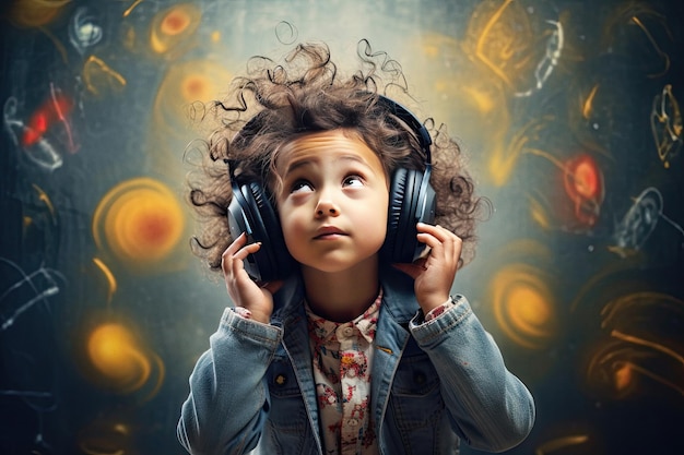 Little girl with earphones in front of a blackboard