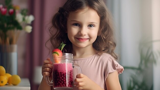 Little girl with a glass of puree a cocktail on the background of the kitchen AI Generative AI