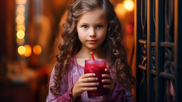 Little girl with a glass of puree a cocktail on the background of the kitchen AI Generative AI