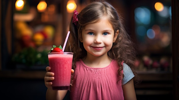 Little girl with a glass of puree a cocktail on the background of the kitchen AI Generative AI