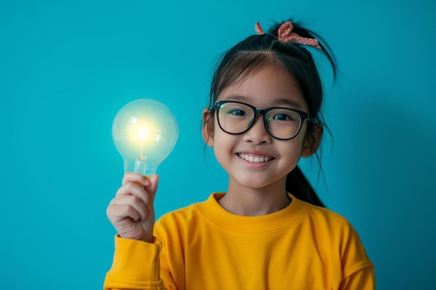 Foto una ragazzina con gli occhiali che tiene una lampadina