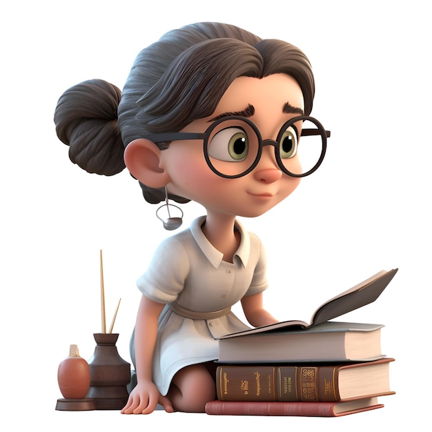 Little girl with glasses reading a book Isolated over white background