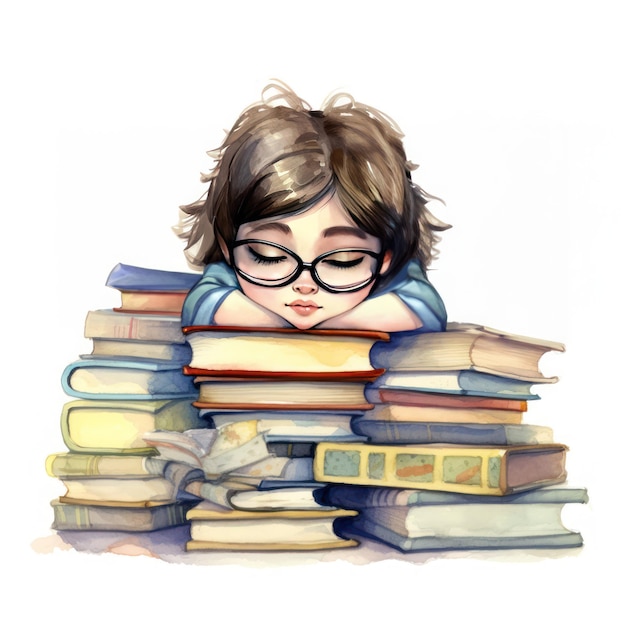眼鏡をかけた小さな女の子が本の山の上で眠っている