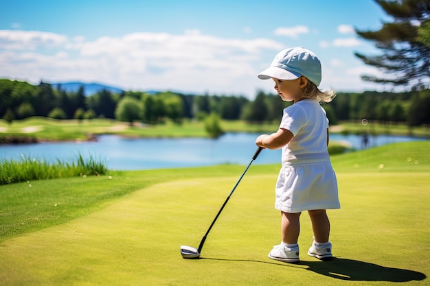 A little girl with a golf club on the green field