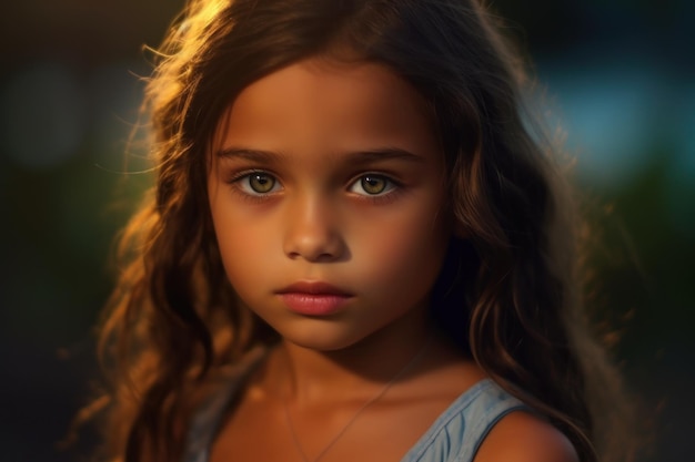 A little girl with green eyes looks at the camera.