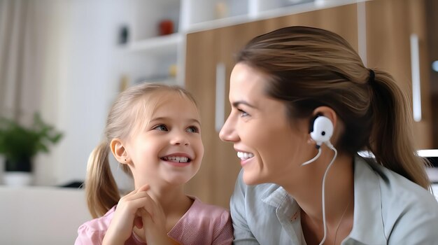 Little girl with hearing implant with her hearing impaired mother at home deaf community concept