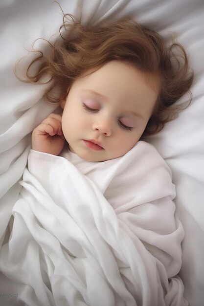 a little girl with her eyes closed and a white blanket is laying on the floor