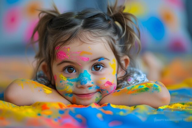маленькая девочка с лицом, покрытым цветным порошком