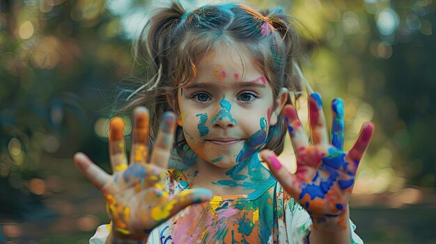 Photo a little girl with her hands painted with paint