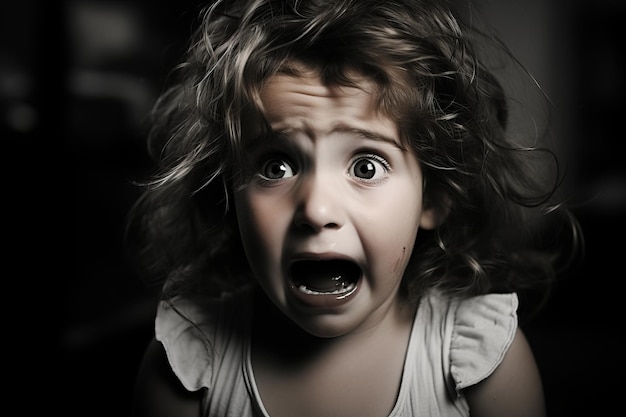 a little girl with her mouth open in a black and white photo