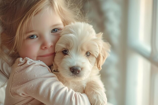 Little girl with her puppy at home
