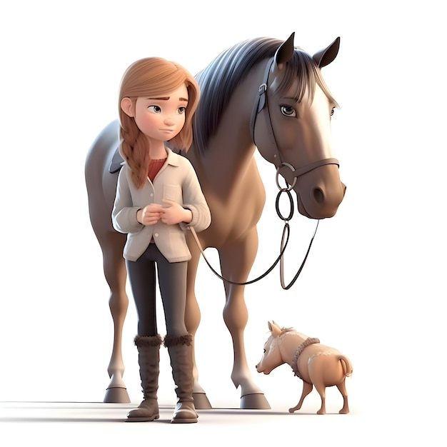 Little girl with a horse and a dog on a white background