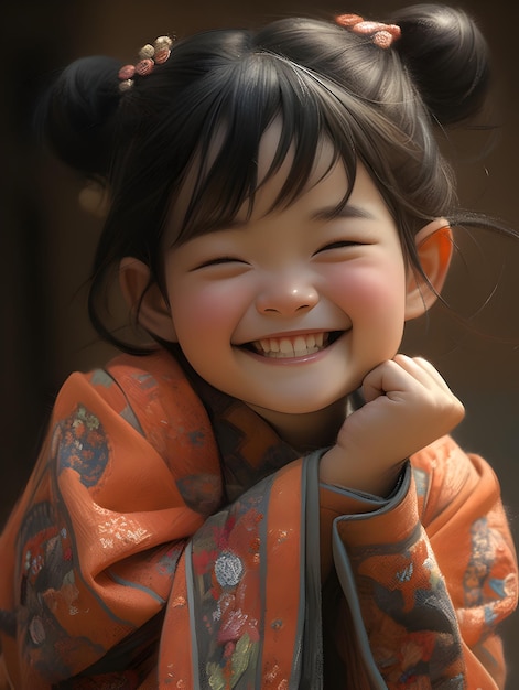 Маленькая девочка в кимоно и надписью "йо" спереди.