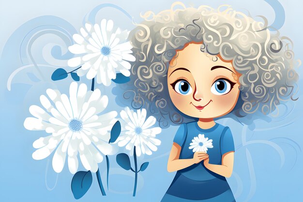 little girl with light curly hairin blue monochrome dress next to white flowersblue and white color schemedigital illustrationconcept of childrens goods and servicesdesign of postcards and books