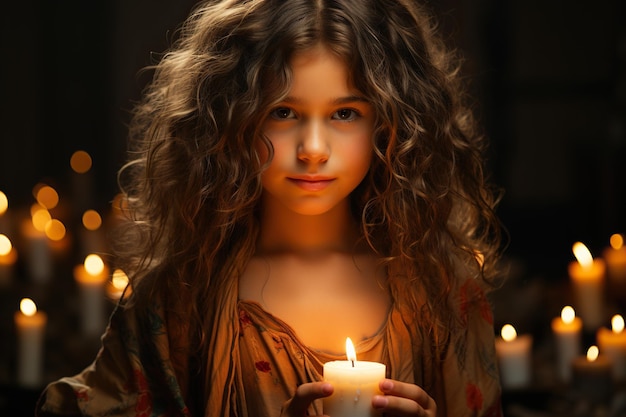 Little girl with long curly hair and Candle