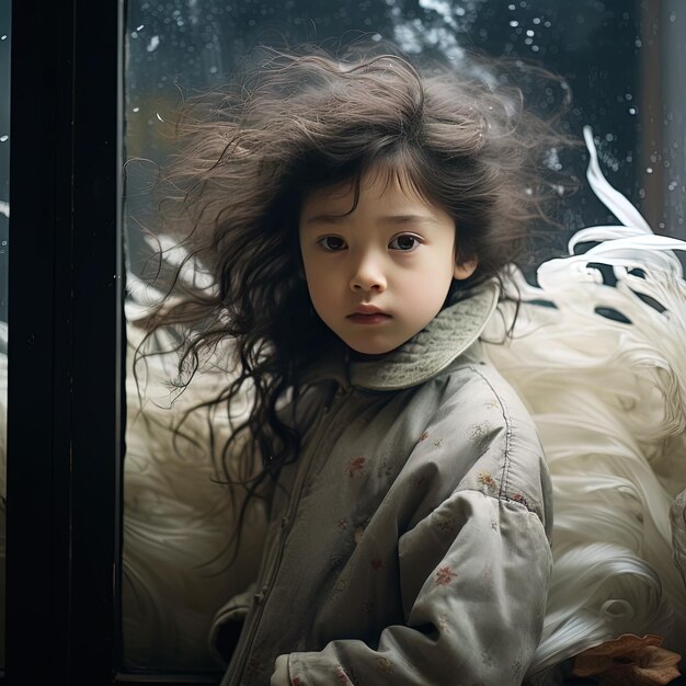 a little girl with long hair is looking out a window