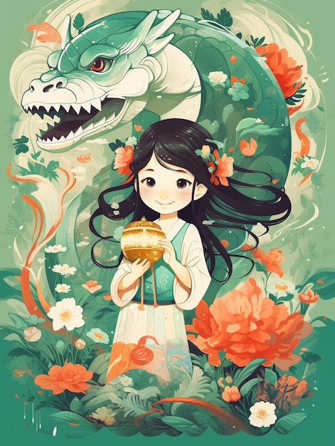 A little girl with long hair with dragon