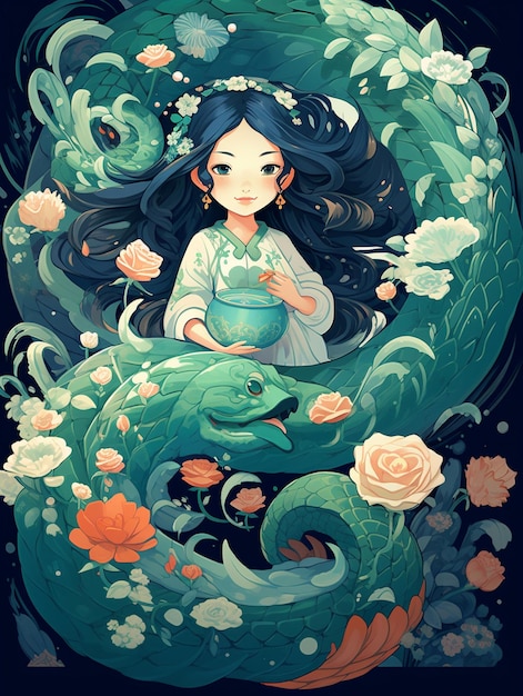 A little girl with long hair with dragon