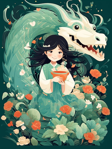 A little girl with long hair with dragon