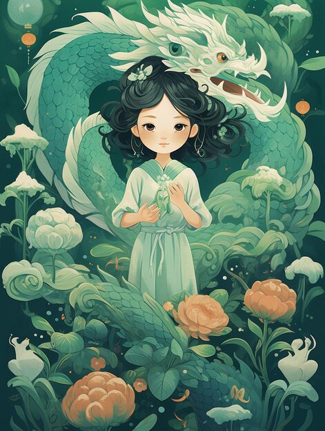 A little girl with long hair with dragon