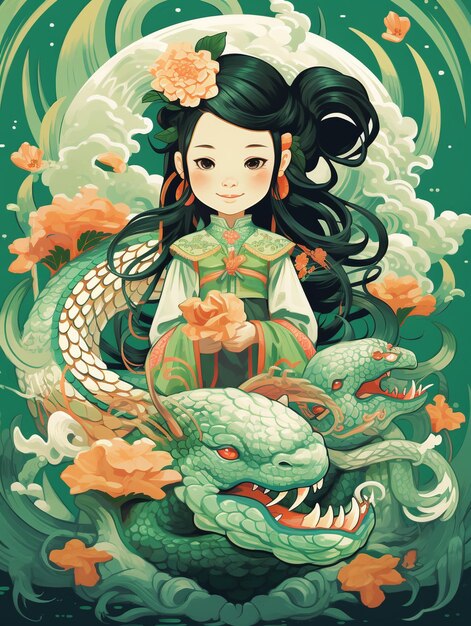 A little girl with long hair with dragon