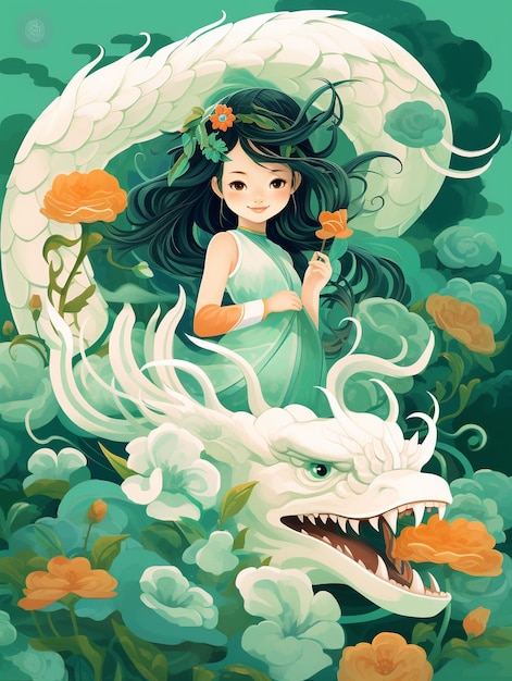 Маленькая девочка с длинными волосами с драконом