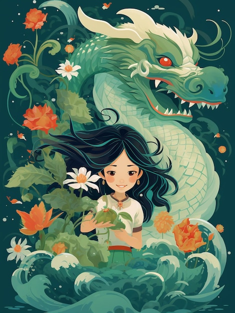 A little girl with long hair with dragon