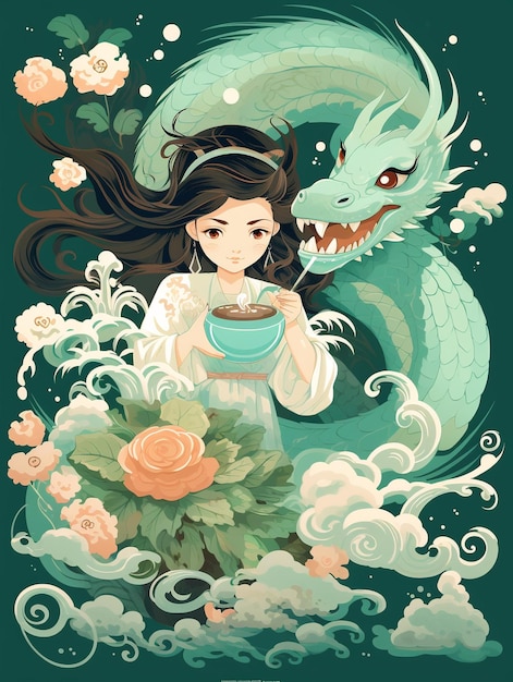 A little girl with long hair with dragon