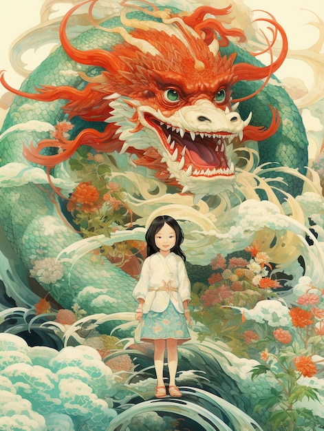 A little girl with long hair with dragon