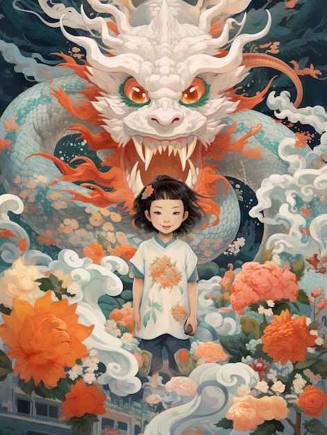 A little girl with long hair with dragon