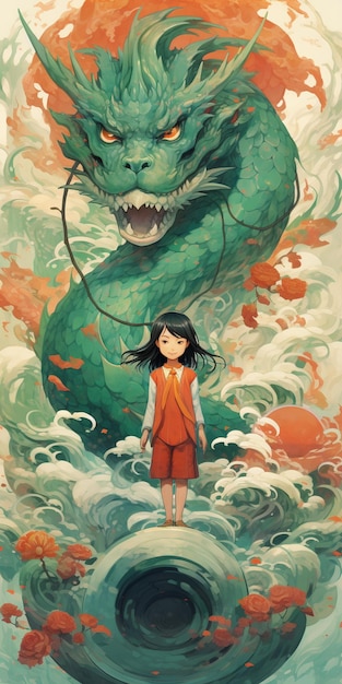 Маленькая девочка с длинными волосами и драконом.