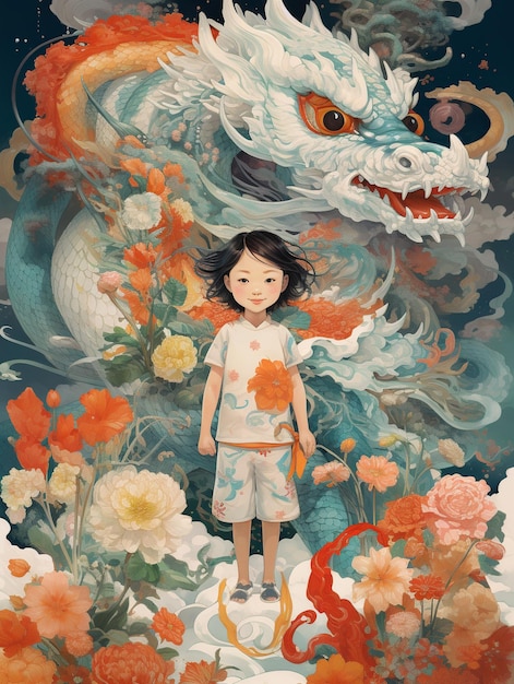 A little girl with long hair with dragon