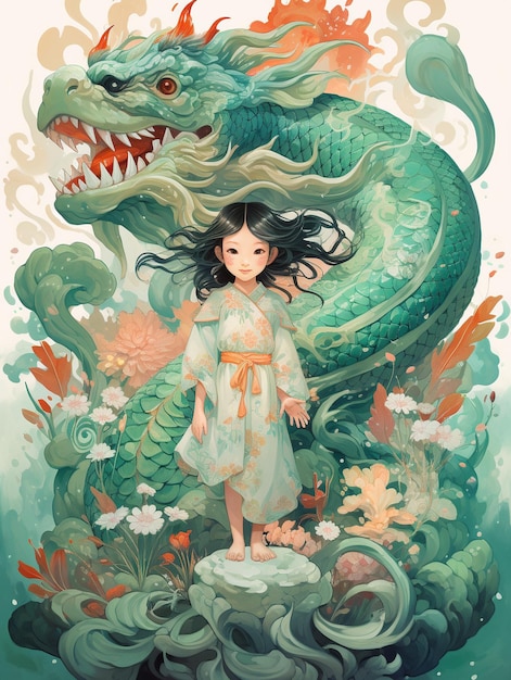 A little girl with long hair with dragon