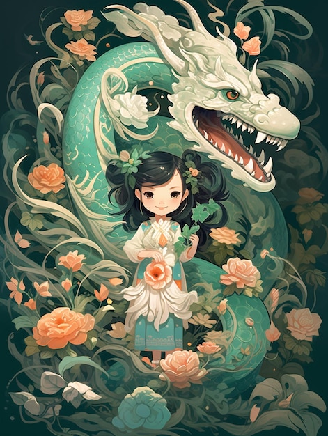 A little girl with long hair with dragon