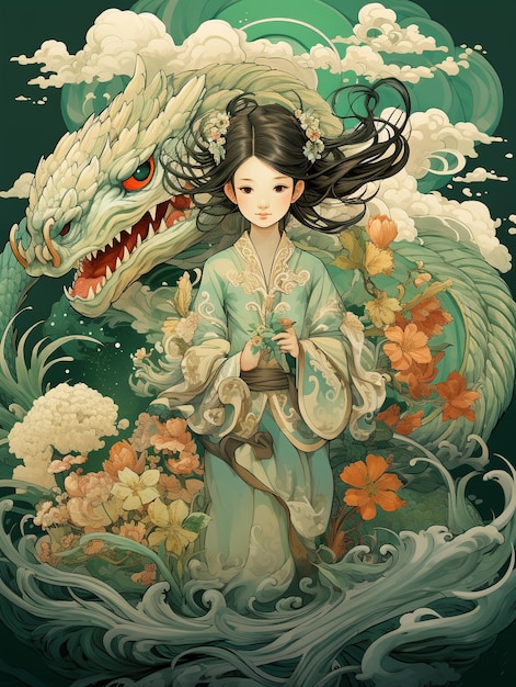 A little girl with long hair with dragon