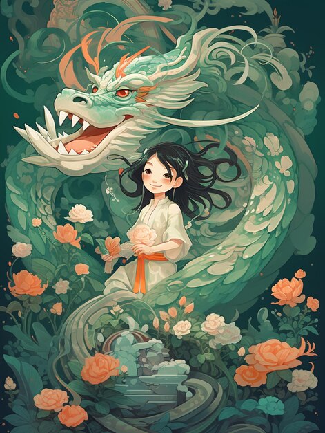 A little girl with long hair with dragon