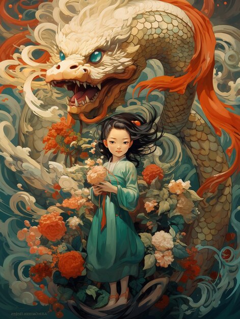 A little girl with long hair with dragon