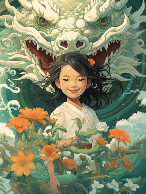 A little girl with long hair with dragon