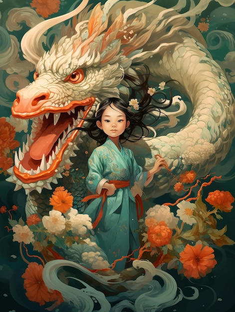 A little girl with long hair with dragon