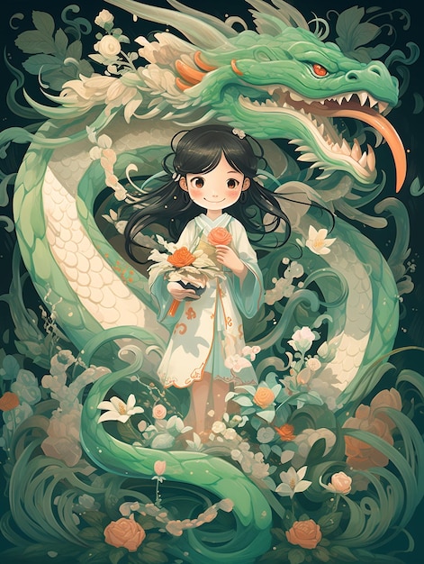 A little girl with long hair with dragon