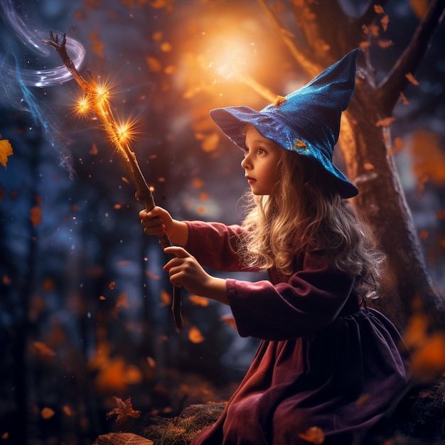 a little girl with a magic wand in a forest