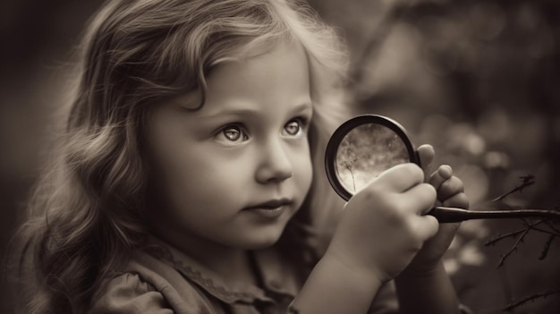 Маленькая девочка с увеличительным стеклом смотрит на что-то.