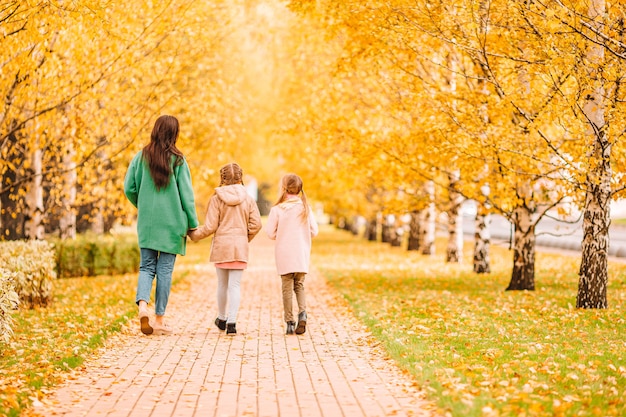 Little girl with mom outdoors in park at autumn day