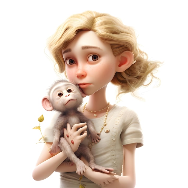 Little girl with a monkey on a white background 3d rendering